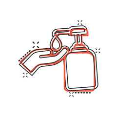 Hand sanitizer icon in comic style. Antiseptic bottle cartoon vector illustration on isolated background. Disinfect gel splash effect sign business concept.