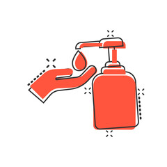 Hand sanitizer icon in comic style. Antiseptic bottle cartoon vector illustration on isolated background. Disinfect gel splash effect sign business concept.