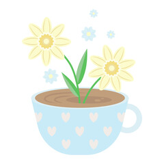 Cup is decorated with hearts with flower tea. Spring tea party, vector plant illustration. Simple cute cartoons. Pastel colors blue, beige, green, yellow, isolate on white background. Element flat 