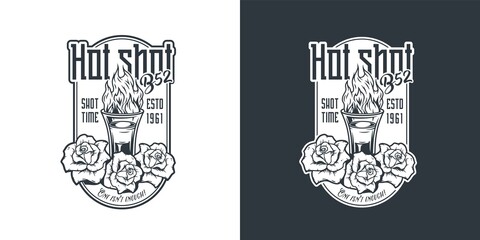 B-52 with flame and flowers. Burning alcohol liquor shot. Vector tropical design with hot B 52 cocktail for bar or pab