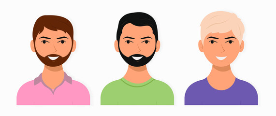 Set of icons of faces of different people. Man's face in flat design