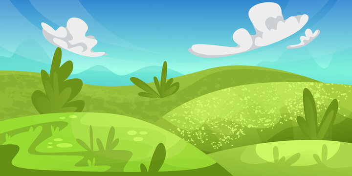 Vector cartoon landscape with green hills. Bright summer banner.