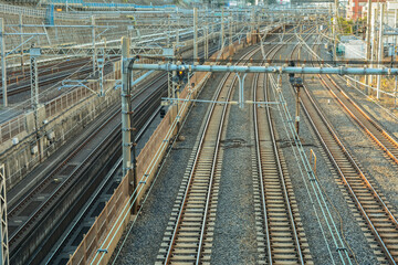 View of the numerous rail tracks  from the Shimogoinden Bridge in Nippori, just outside of Nippori Station's north exit, Arakawa City, Tokyo, Japan