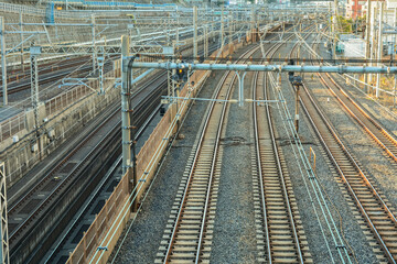 View of the numerous rail tracks  from the Shimogoinden Bridge in Nippori, just outside of Nippori Station's north exit, Arakawa City, Tokyo, Japan