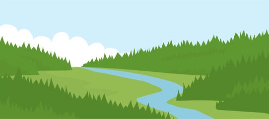 Fototapeta na wymiar Summer landscape of nature. Panorama with green coniferous forests, fields and blue sky with clouds. Rural scener. Flat vector illustration