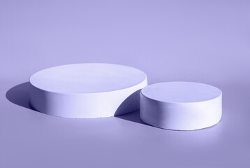 Podium for cosmetic product presentation. Abstract minimal geometrical form. Cylinder stone sphere two forms. Sun shadow. Scene to show products. Showcase, display case. Trendy sunlight. Side view