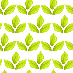 Vector seamless pattern with cartoon green leaves, flat isolated background wallpaper, doodle nature tea tree leaf, wrapping paper drawing. Colorful plant illustration, botanical textile print.