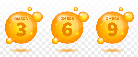 Set of gold drops icons Omega Three, Six And Nine. Polyunsaturated fatty Omega-3, Omega-6, Omega-9. Natural Fish, Organic Vitamin, Nutrient. Omega Fatty Acid, EPA, DHA. Vitamin drop pill capsule