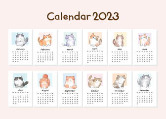 Calendar 2023 Collection with Vector Illustration of Hand Drawn Cartoon Cat, Watercolor Painted Design. - obrazy, fototapety, plakaty