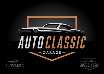 Classic sports car logo icon design. American retro motor vehicle silhouette sign. Auto garage dealership badge symbol. Vector illustration.