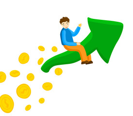 Businessman flying up on arrow with gold coin money rain finance concept, flat vector illustration isolated on white.