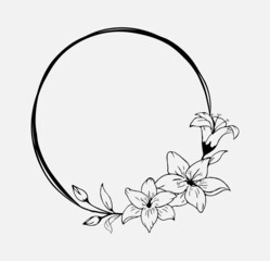 Hand drawn black lily flower round wreath in cute doodle style. Luxury elegant vector illustration for postcard, wedding invitations, birthday, quotes, thank you card, cosmetics. Copy space for text.