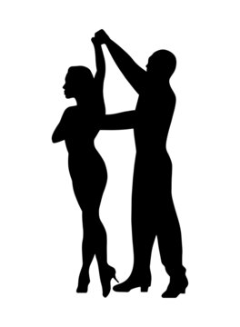Latin dance couple, graphic shadow silhouette icon, simple isolated person dancing, music party logo design element, sensual elegant pictogram print template, classic rumba or tango performance.