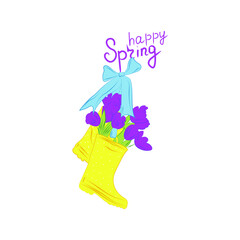 Bouquet of tulips in yellow rubber boots. Gardening banner. Spring purple flowers.  Gardener's boots for the garden passage. Happy spring banner. Perfect for holiday cards, invitations and posters.