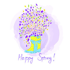 Happy spring.  Gardener's boots for the garden passage. Blossom flowers  in yellow rubber boot. Gardening. Spring flowers. 