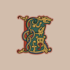 Medieval initial E letter logo made of twisted lion, beast, and spiral pattern.