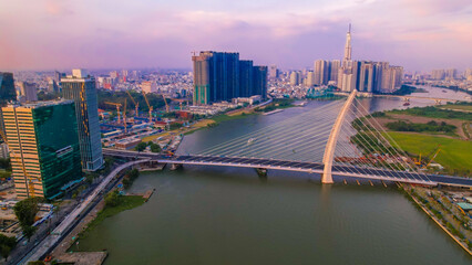 HO CHI MINH, VIETNAM - 17 MAR 2022, Thu Thiem bridge connecting Thu Thiem peninsula and District 1 across the Saigon River. 