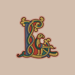 Medieval initial L letter logo made of twisted bird and spiral pattern.