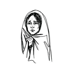 Crying little girl, refugee. Sketching isolated illustration on white background. - 493458297