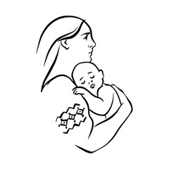 Ukrainian woman and child. Beautiful mother with baby. Sketching illustration on white background.