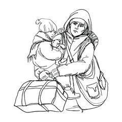 Woman and child, refugees. Mother with baby. Sketching illustration.