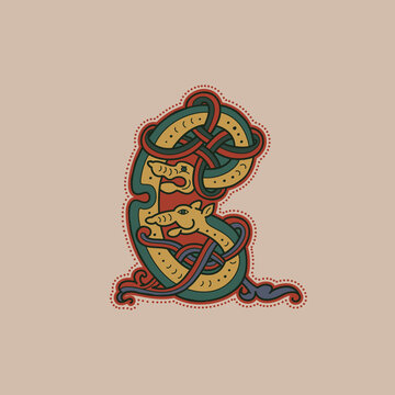 Medieval initial C letter logo made of twisted beast and spiral pattern.