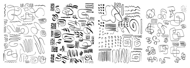 Vector set of grungy hand drawn textures. Lines, circles, squiggles, waves, brush strokes. Artistic organic fluid shapes. Hand drawn elements for your graphic design, wall art, patterns