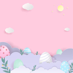 Fototapeta na wymiar Easter egg and grass with cloud on pink background