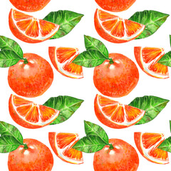 Seamless watercolor illustration of orange and citrus slices and leaves on a white background wallpaper, wrapping paper.