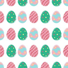 Happy Easter background. Seamless pattern. Colored eggs and flowers in flat style. Vector illustration