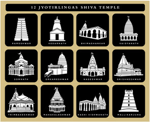 Fototapeta na wymiar 12 Lord Shiva Temples vector icon. 12 jyotirlingas temple. Shiva temples icon illustration. black and white shiv mandir.