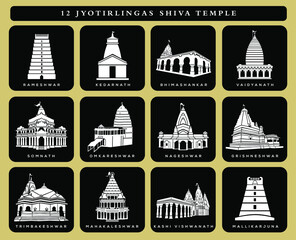 Fototapeta na wymiar 12 Lord Shiva Temples vector icon. 12 jyotirlingas temple. Shiva temples icon illustration. black and white shiv mandir.