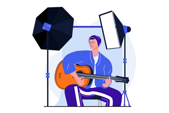 Photo studio modern flat concept for web banner design. Man plays guitar and poses for professional photographer. Musician at photoshoot in studio. Illustration with isolated people scene