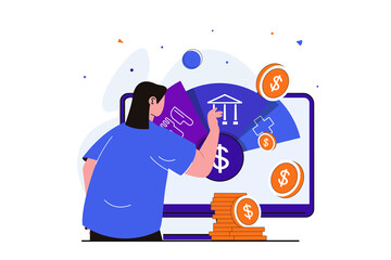 Planning financial budget modern flat concept for web banner design. Accountant analyzing expenses for food, medicine and paying taxes, makes savings. Illustration with isolated people scene