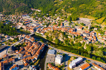 Aerial view of old stone houses and streets of Tarascon-sur-Ariege, France