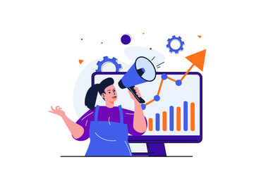 Sales performance modern flat concept for web banner design. Woman with megaphone doing market research and analyze data, improve financial strategy. Illustration with isolated people scene