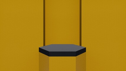 Black yellow golden hexagon pedestal for cosmetics and products promotion blank tamplate concept. Abstract minimalistic background. Realistic 3d render. Place for text, copy space	