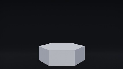 White hexagon pedestal for cosmetics and products promotion blank tamplate concept. Abstract minimalistic black background. Realistic 3d render. Place for text, copy space, text area