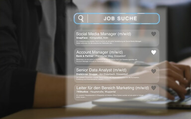 Fiktive Jobangebote einer Online-Jobsuche als Hologramm einer modernen Website und eine Person die...