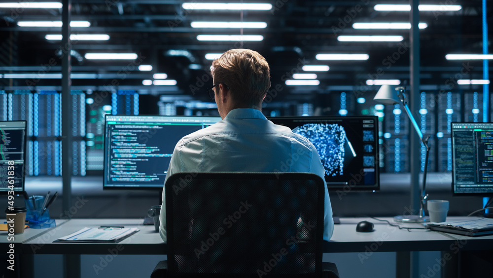 Aufkleber Professional IT Programer Working in Data Center on Desktop Computer with Two Displays, Doing Development of Software and Hardware. Displays Show Blockchain. Data Network Architecture Concept