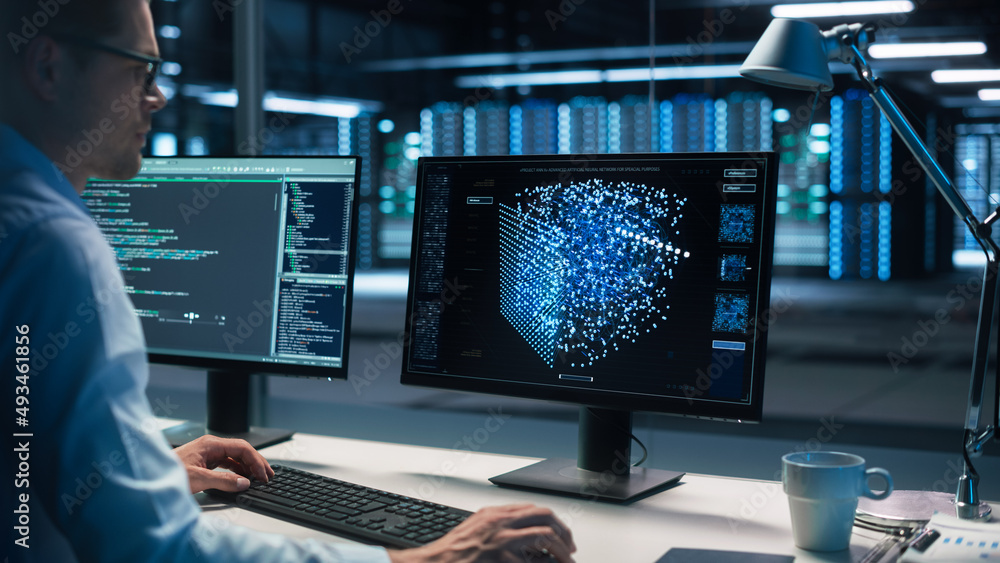 Poster Computer Data Science Engineer Work on Desktop with Screen Showing Chart, Graph, Infographic, Technical Neural Network Data, Statistics, Programming Code with Interface. Control and Monitoring Room