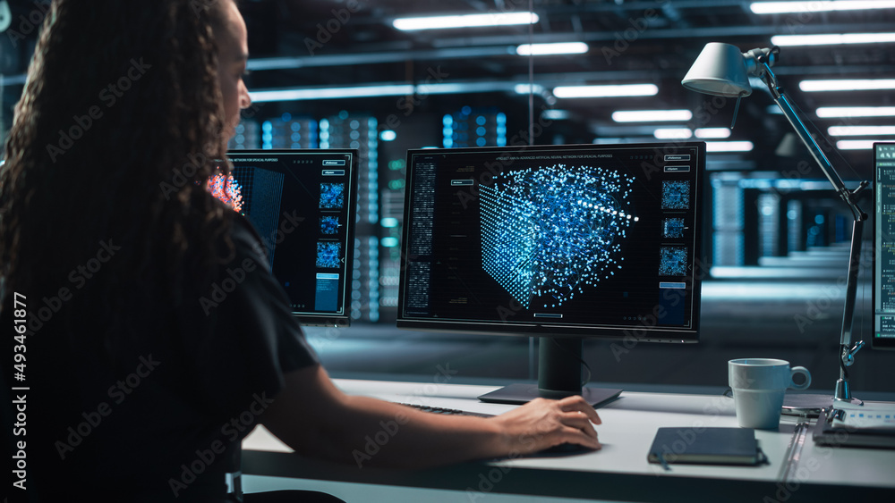 Fototapete International Female Computer Scientist Develop Neural Network at her Workstation. Display Shows Graphic Projection of Neural Network, Artificial Intelligence Simulation