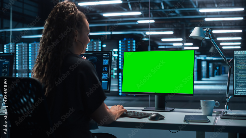 Poster Hi-Tech AI Research Center African American Female IT Engineer Working on a Neural Network Project, She Uses Two Personal Computer, Screen Shows Big Data Graphics, Futuristic Machine Learning Concept
