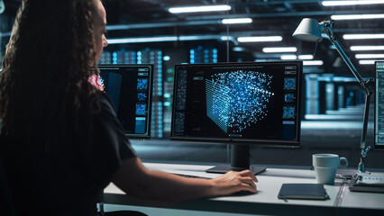 International Female Computer Scientist Develop Neural Network at her Workstation. Display Shows Graphic Projection of Neural Network, Artificial Intelligence Simulation