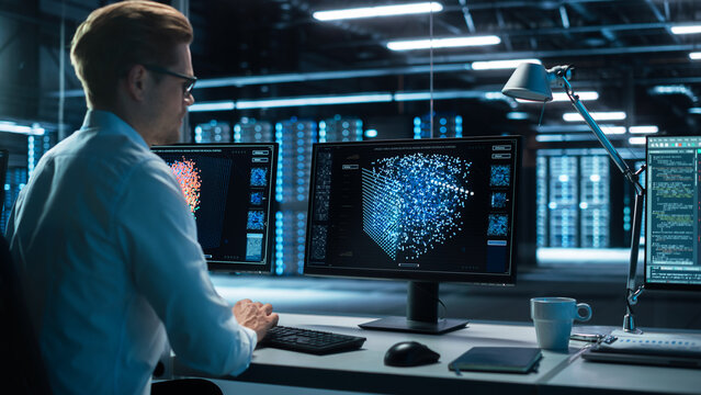 Concentrated Business Woman Customer Support Agent Receptionist wear Headset Consult Online Client Looking at Computer Screen, Helpline Operator Secretary Make Conference Video Call - Powered by Adobe