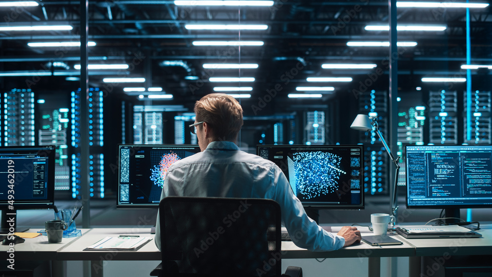 Fototapete High-Tech Data Center Server Control: IT Specialist Administrator Working on Computer, Screen Advanced Showing Big Data AI Analysis. Web Services, Cloud Computing, Analytics Facility, Cyber Security
