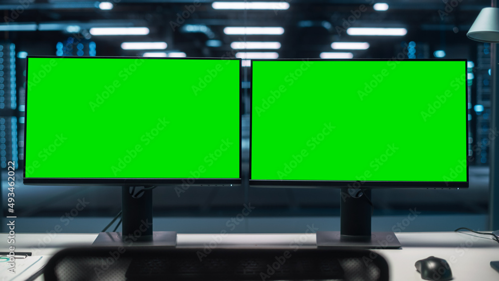 Poster Professional IT Programer Working in Data Center on Desktop Computer with Two Displays, while Doing Development of Software and Hardware. Displays Show Blockchain, Data Network Architecture