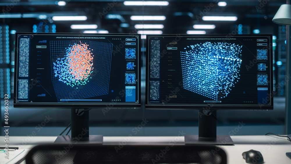 Poster High-Tech Big Data Center Server with Two Screens Showing Advanced Neural Network, Machine Learning, AI Analysis on Computer Monitors. Concept of Web Services, Cloud Computing, Cyber Security