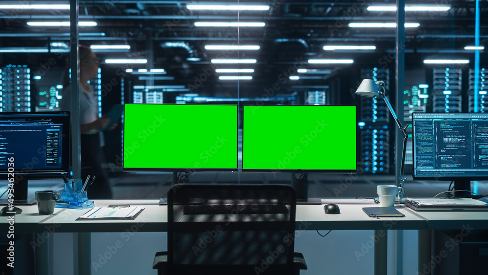 Leinwandbilder High-Tech Data Center Server with Two Green Screen Chroma Key Display Showing on Personal Computer Standing on a Desk. Concept of Modern Monitoring Web Services, Cloud Computing, Cyber Security