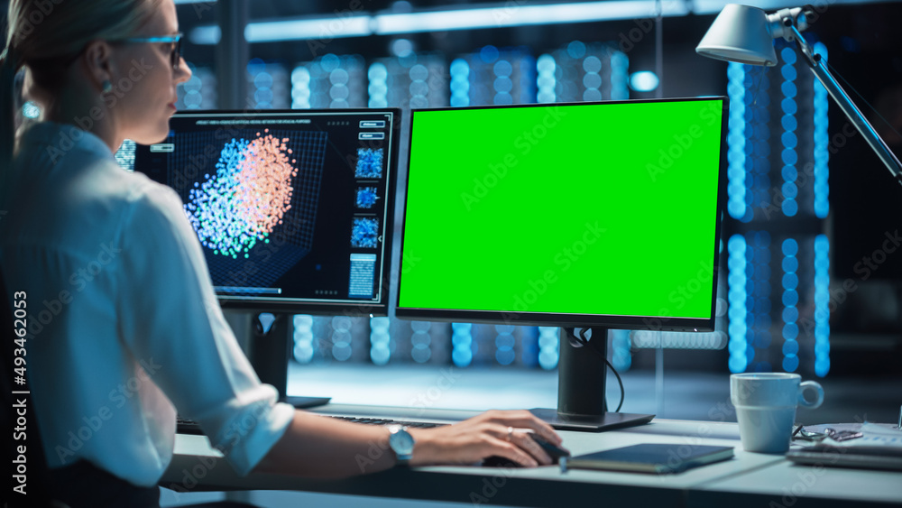 Poster In the System Control Data Center Operates Multiple Screens with Neural Network and Data Activities. Room is Dark and Full of Monitors with Working Neural Network on Them.
